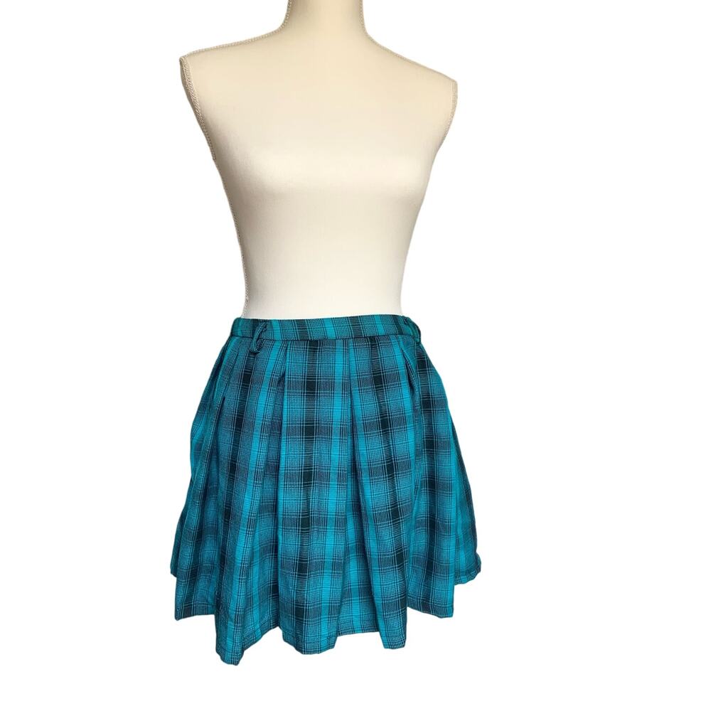 Hot Topic Plaid Teal Blue Black Pleated High Rise Miniskirt Women's Size Small